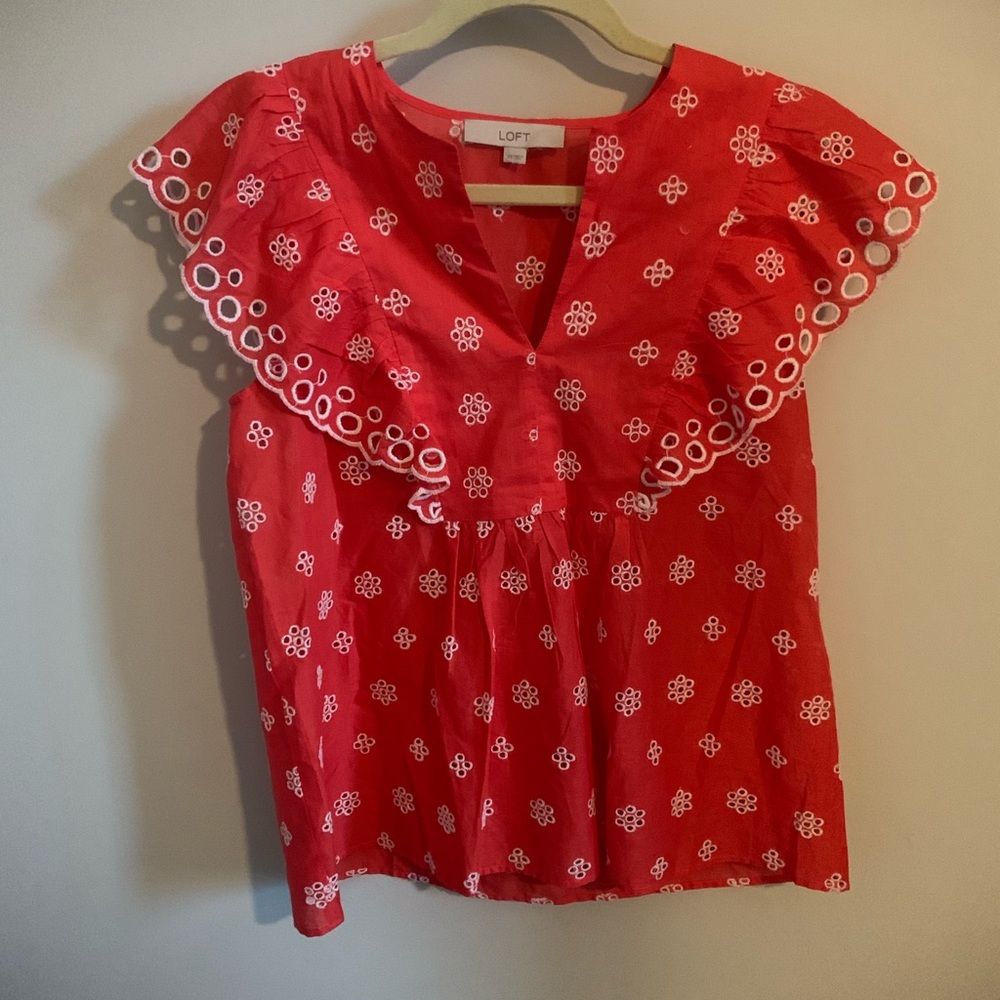 Loft Coral Eyelet Peasant Summer Top